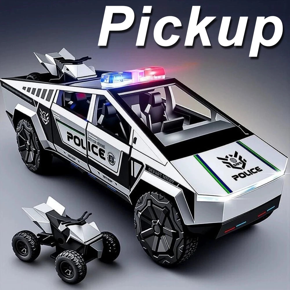 1: 32 Pickup Truck Alloy Diecast Police Car Model Toys Doors Opened Sound Light Pull Back Miniature Vehices Decorative Ornaments