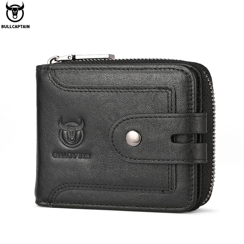BULLCAPTAIN Men's Genuine Leather Wallet Business Casual RFID Antimagnetic Coin Card Holder Multifunctional Zipper Cash Clip