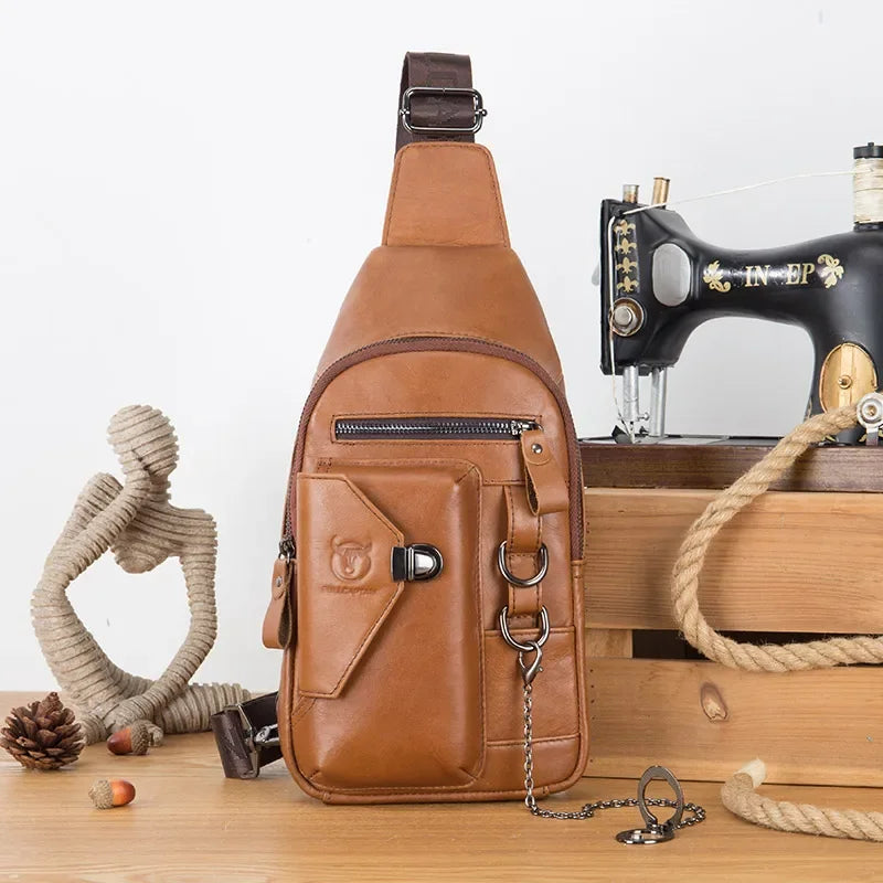 BULLCAPTAINN 100% Genuine Leather Men's Chest Bag Shoulder Messenger Bags Chest Fashion Brand Multifunctional Mobile Phone Bag's