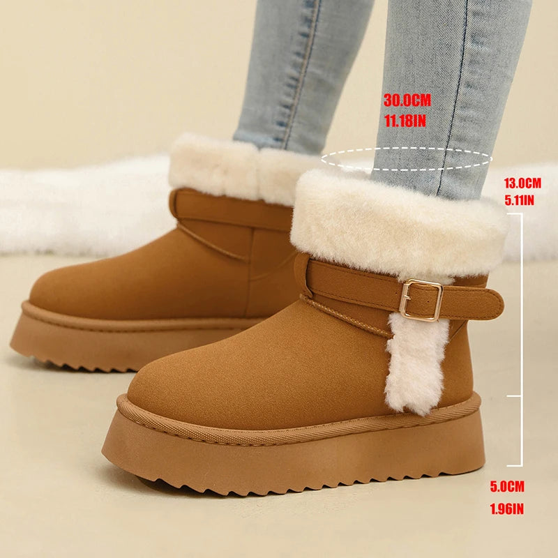 Faux Fur Winter Ankle Boots Women Fashion Buckle Anti Slip Platform Snow Boots Woman Plus Size Faux Suede Warm Short Booties