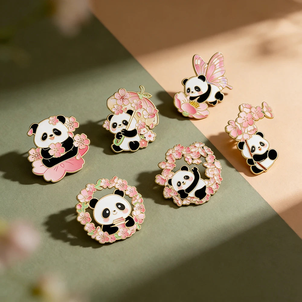 6pcs Cute Cartoon Animal Enamel Brooches - Flower Panda Cherry Blossom & Butterfly Lapel Pins Metal Badges Jewelry Gift Set
