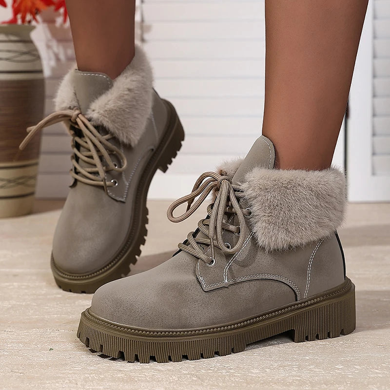 Faux Fur Lace-Up Ankle Boots for Women Autumn Winter Warm Plush Short Boots Woman Comfortable Anti Slip Cotton Padded Shoes 42