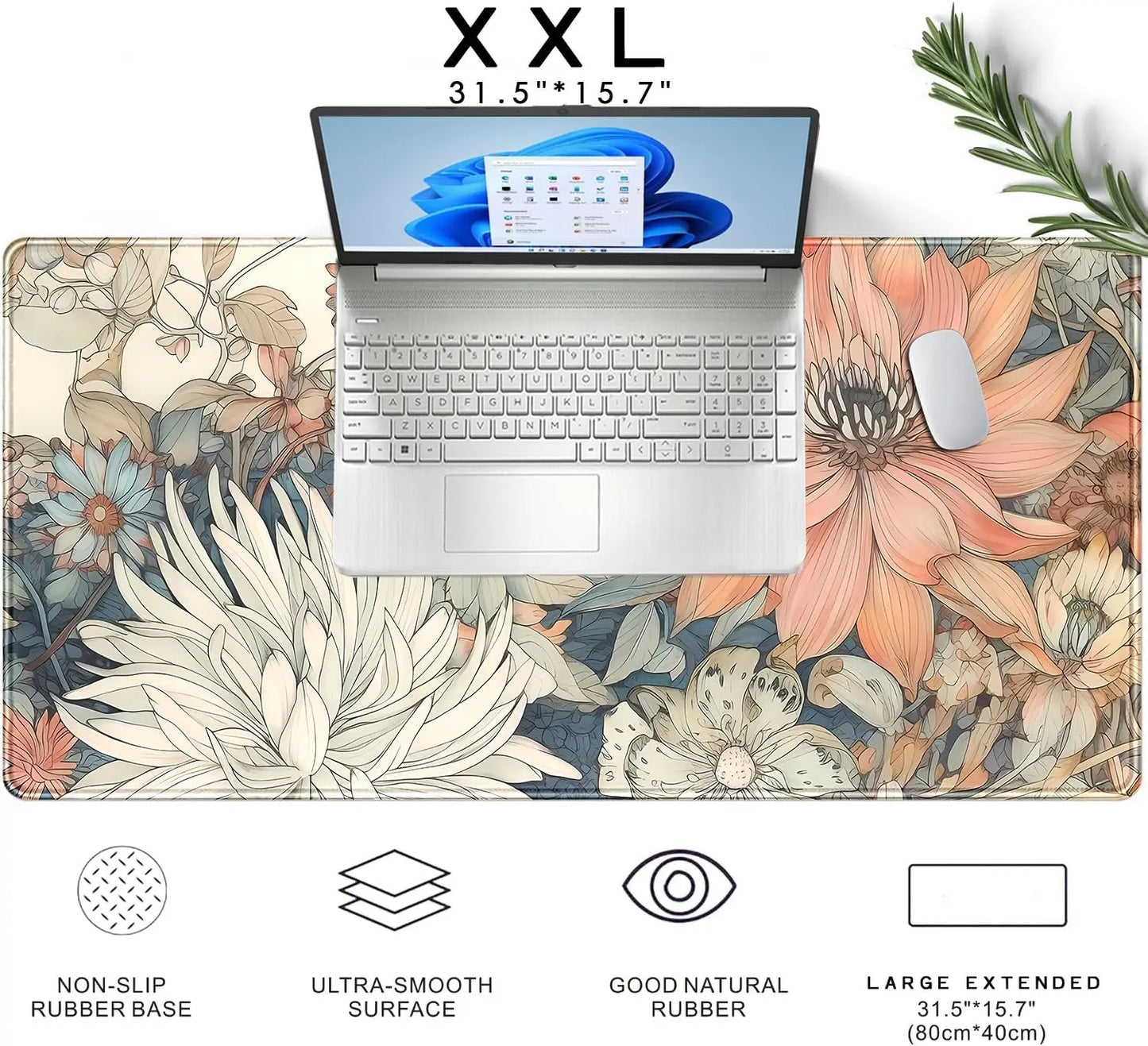 Japanese Floral Desk Mat Boho Aesthetic Flower Desk Matt for Desktop Large Gaming Mouse Pad for Deskpad Keyboard Mat Desk Decor