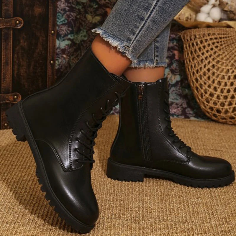 British Solid Zip Ankle Boots for Woman Autumn Winter Round Toe Lace-Up Short Boots Women Pu Leather Shoes Boties Lady