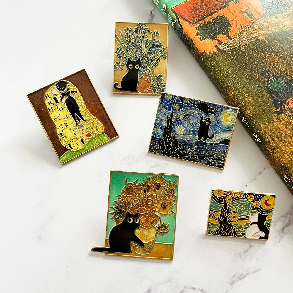 5pcs Famous Painting Black Cat Enamel Pins Set Aesthetic Vintage Sunflower Art Brooches Badge Pins for Backpack fans Collectible