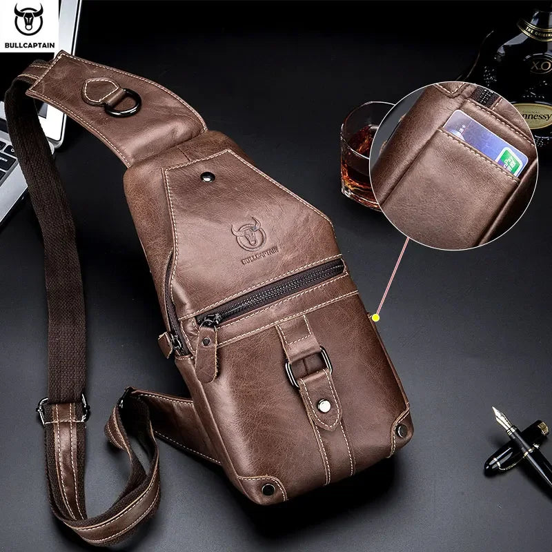 BULLCAPTAIN Retro Chest Bag For Men Men's Scratch-Resistant Cowhide Chest Bag Men's Casual Diagonal Chest Bag Large Capacity Bag