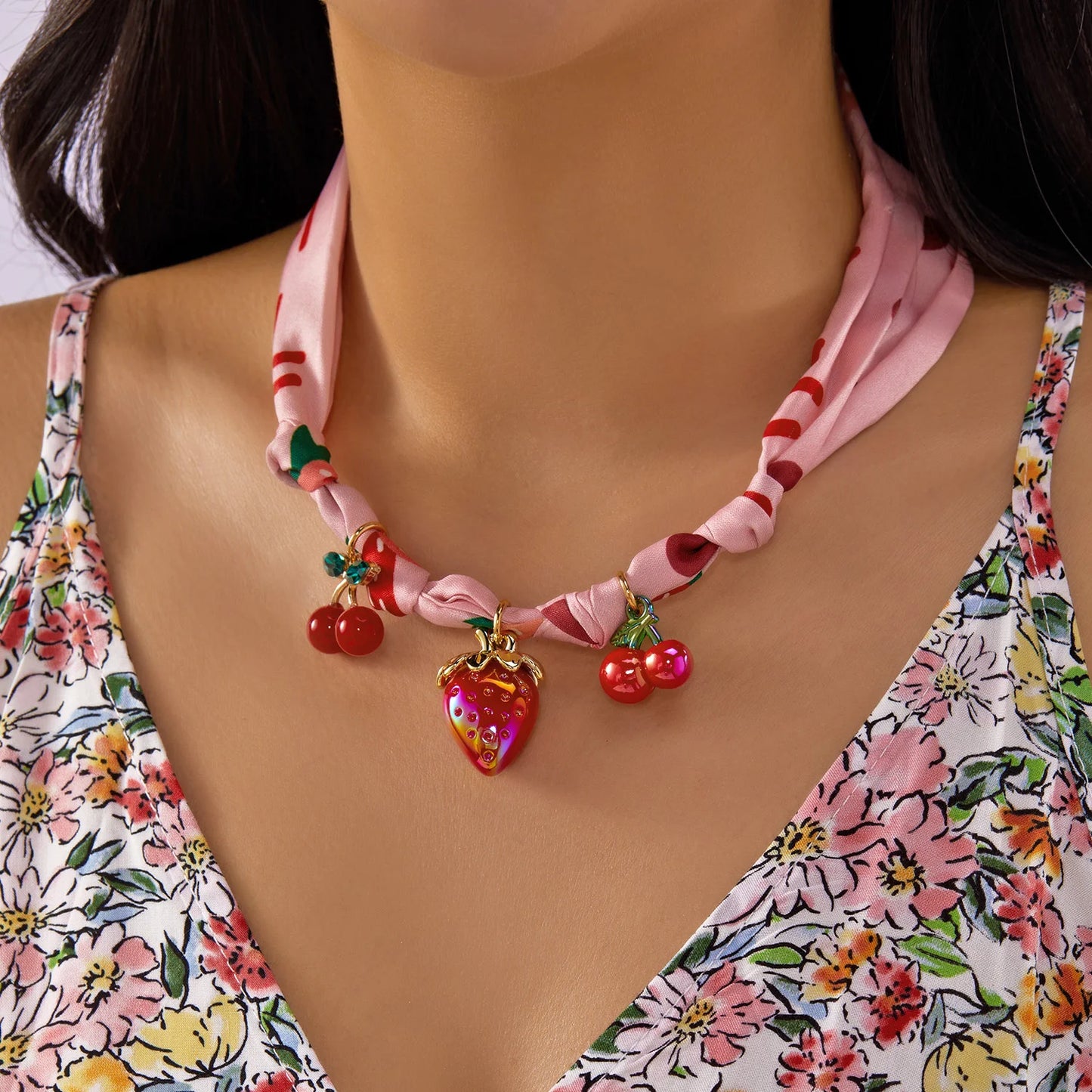 Sweet Cherry Strawberry Bow Heart Pendant Necklace Women's Colorful Ribbon Choker New Trend Neck Chain Jewelry Y2K Accessories