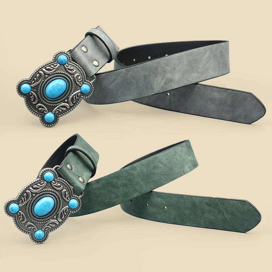 Bohemian Turquoise Square Buckle Belt - Premium Pu Waist Cincher with Minimalist Ethnic Design for Music Festivals & Dresses