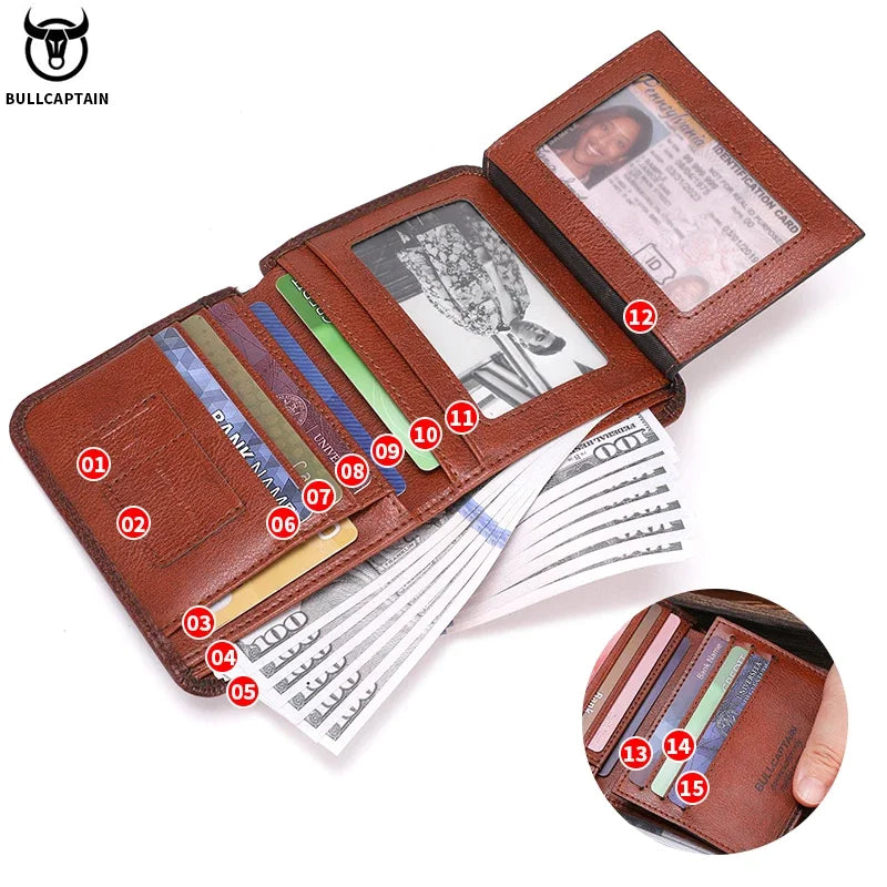 BULLCAPTAIN Men's Genuine Leather Wallet Casual Retro Cash Clip RFID Antimagnetic Multi-Card Slot Cowhide Coin Purse