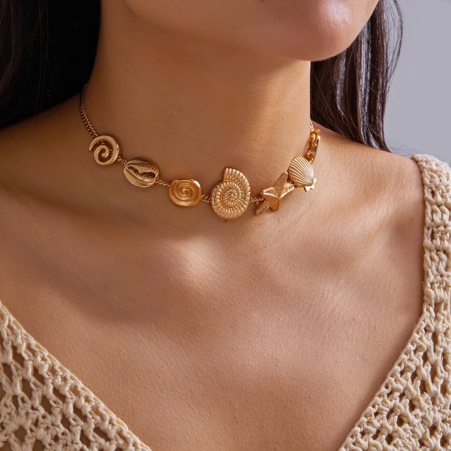 Statement Gold Seashell Starfish Choker Necklace for Women Boho Metal Conch Ocean Marine Charm Collar Summer Beach Jewelry