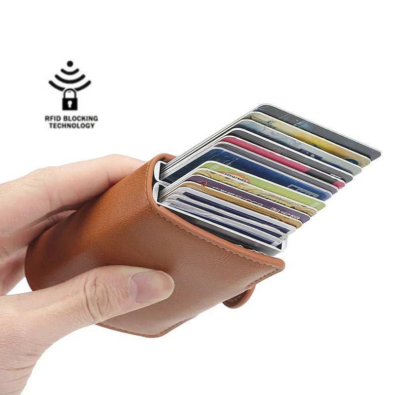 12 Card Slots Anti RFID 2X Aluminum Box Automatic PU Leather Wallet Card Holder