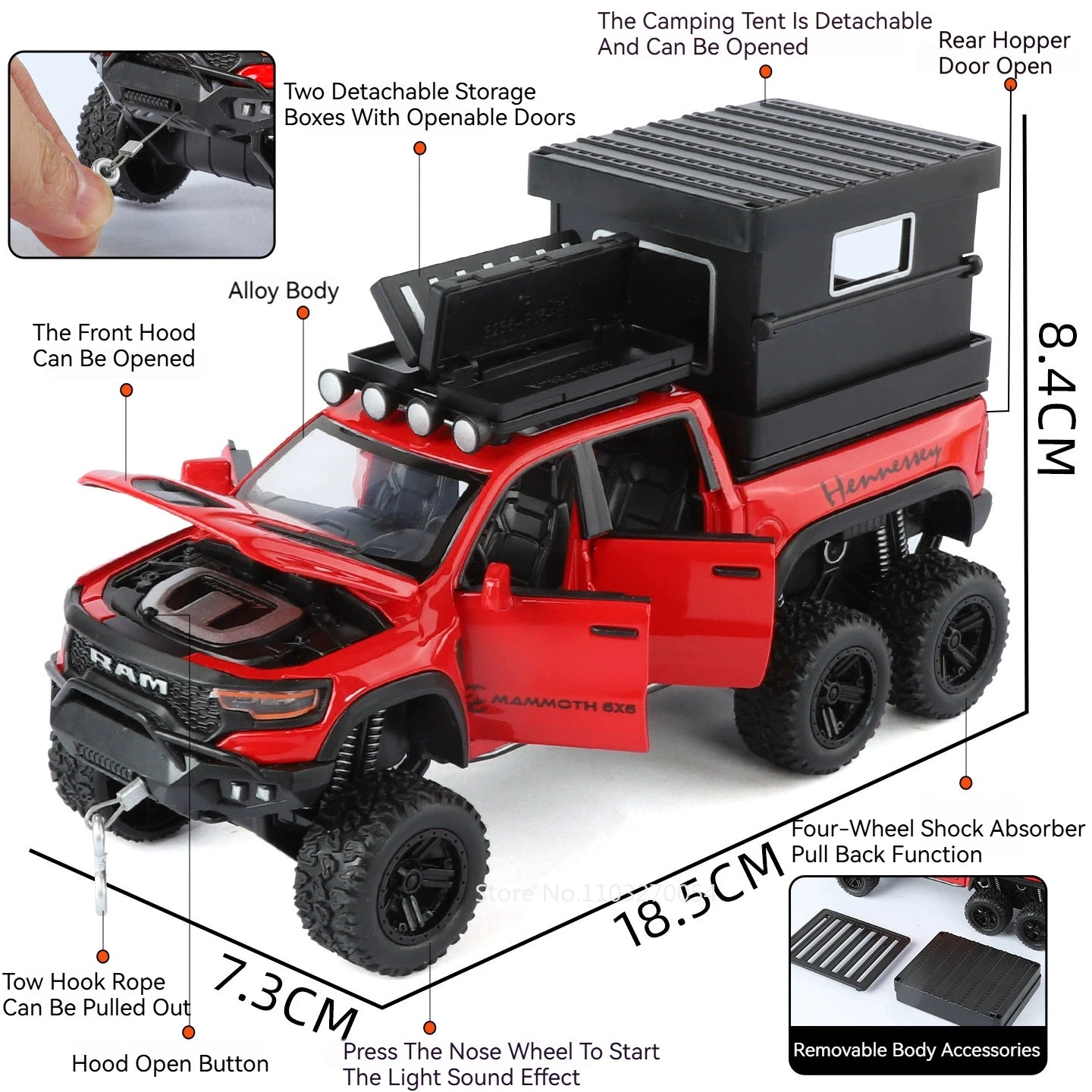 1:32 Scale Ram TRX Mammoth Pickup Car Model Diecast Alloy Toys with Sound Light Pull Back Doors Opened Camper Van Children's Toy