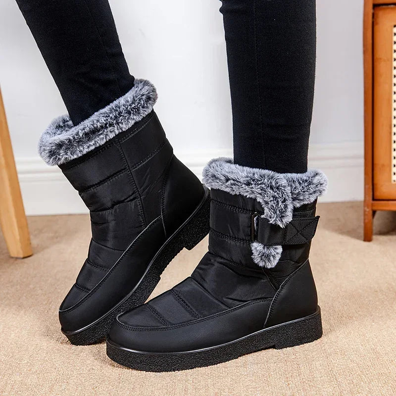 Waterproof Faux Fur Snow Boots for Women Winter Fleece Lining Warm Ankle Boots Woman Soft Sole Non Slip Short Booties Female 44