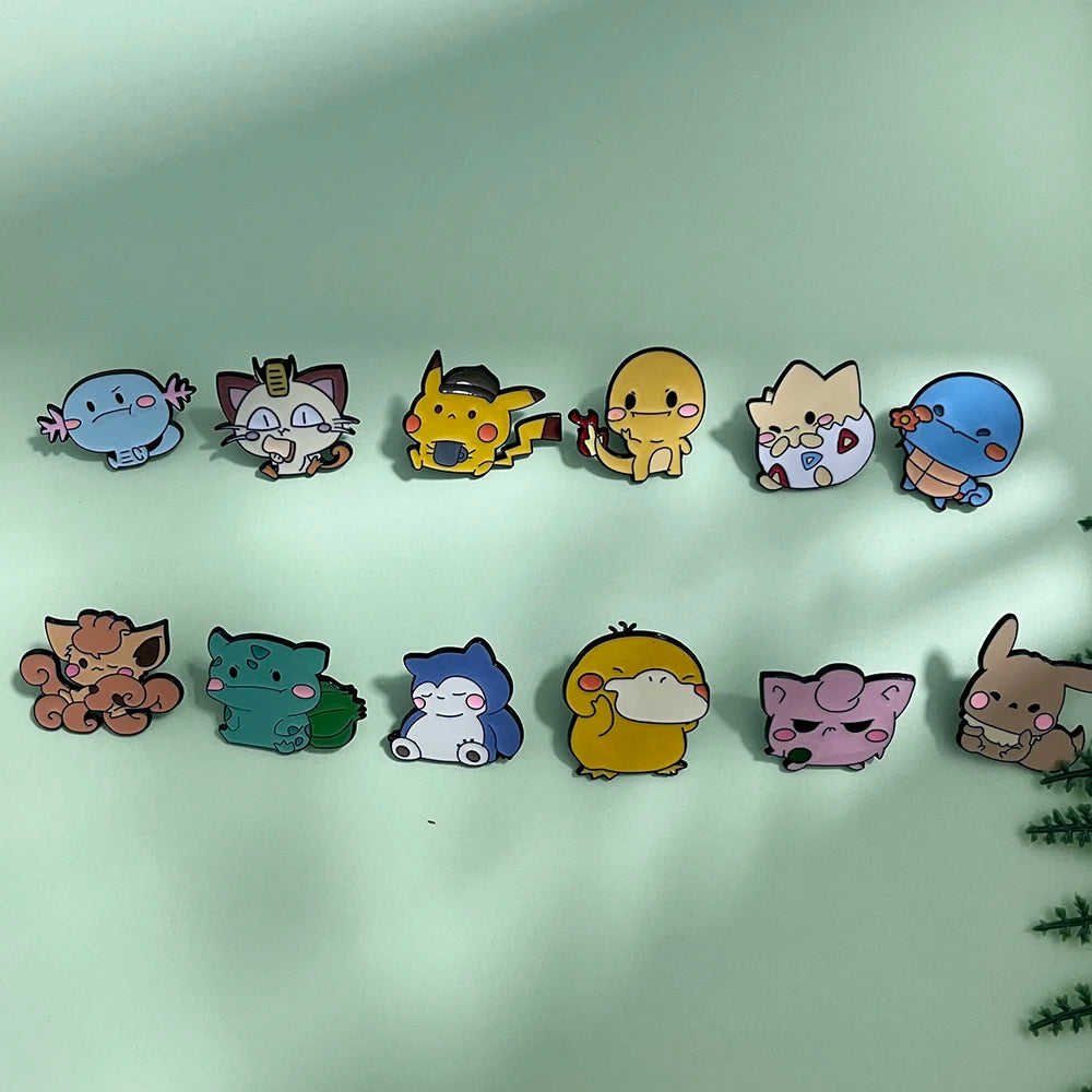 12pcs Anime Pokémon Brooch Set - Charmander Pikachu Eevee Meowth Wooper Vulpix Metal Badges Inspirational Jewelry Pins