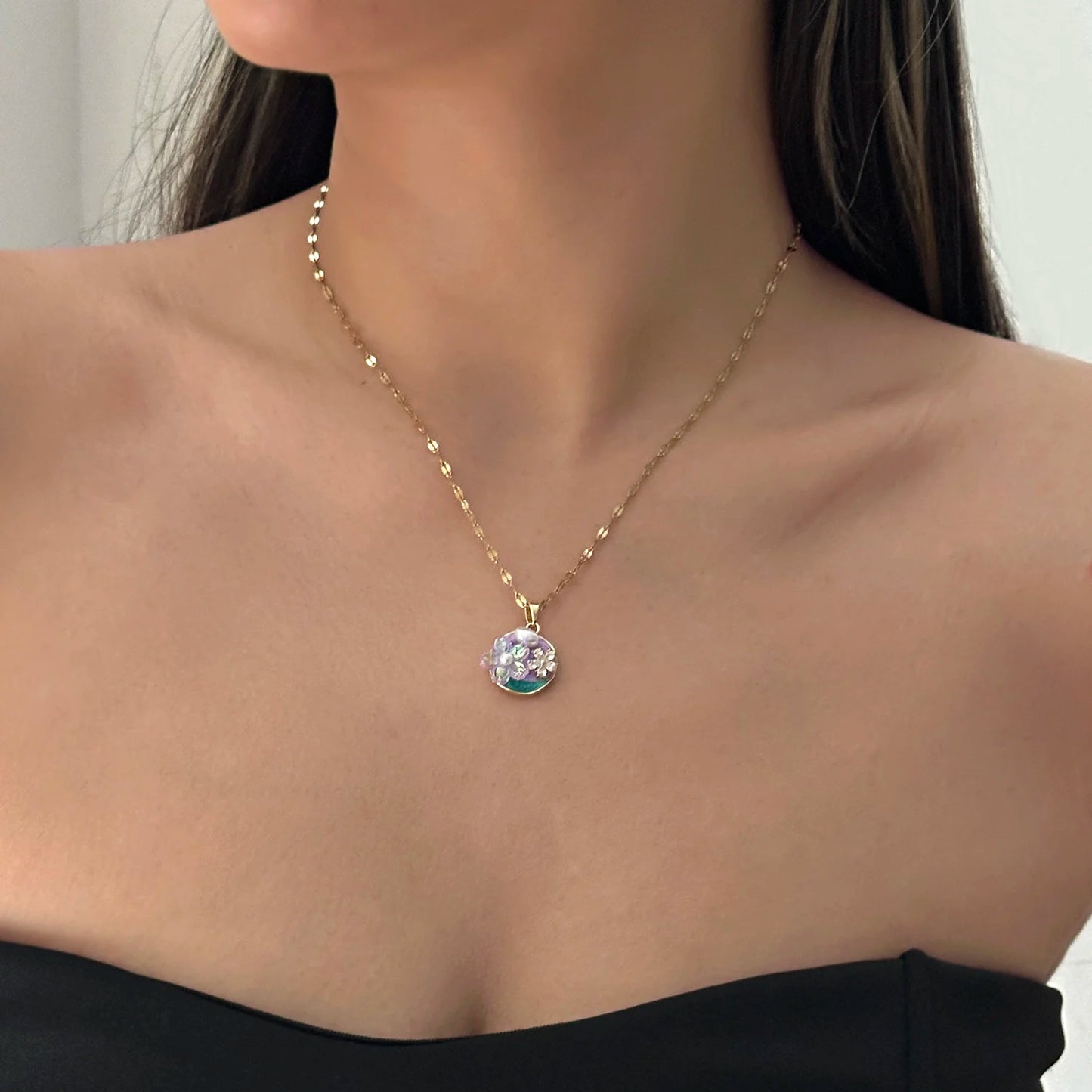 Vintage Purple Enamel Flower Gold Tone Necklace for Women Dainty Floral Pendant Chain Delicate Layered Jewelry Gift