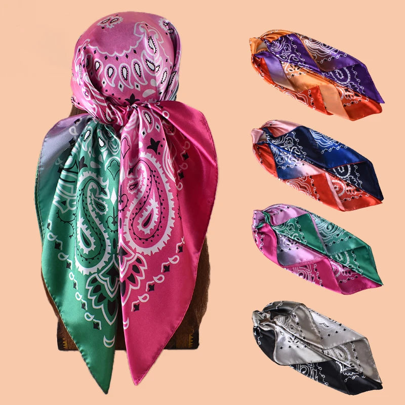 1PC Gradient Paisley Print Satin Square Scarf Women's Hair Accessory Spring New Style Versatile Belt Bag Decor Silk Headband