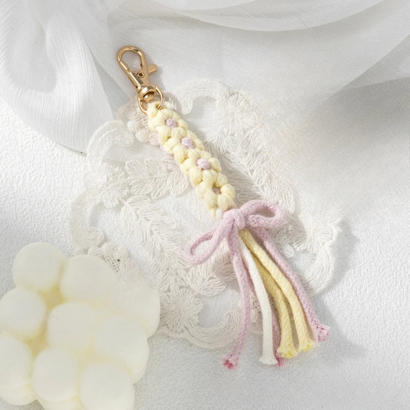 1pc Handmade Yarn Keychain with Tassels - Floral Design, Lobster Clasp, Vibrant Colors, Perfect for Bags Keys and Unique Gifts