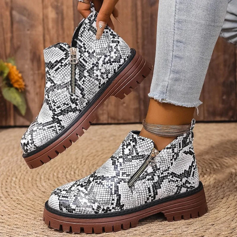 Fashion Snake Print Ankle Boots Women Spring Autumn Plus Size 36-43 Platform Boots for Woman Zipper Up Round Toe Botas Lady
