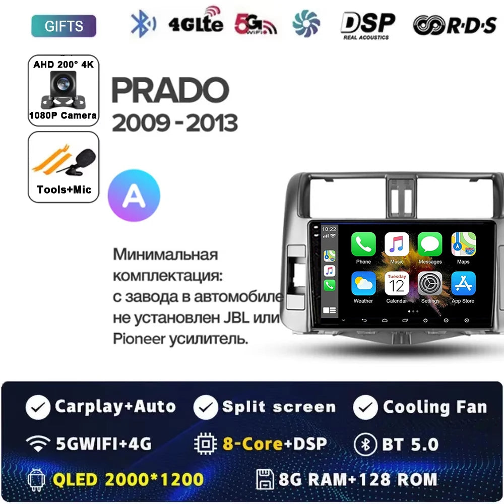 Android 15 Car Radio for Toyota Land Cruiser Prado 150 2009-2013 with GPS Navigation QLED Carplay Auto Multimedia Stereo BT
