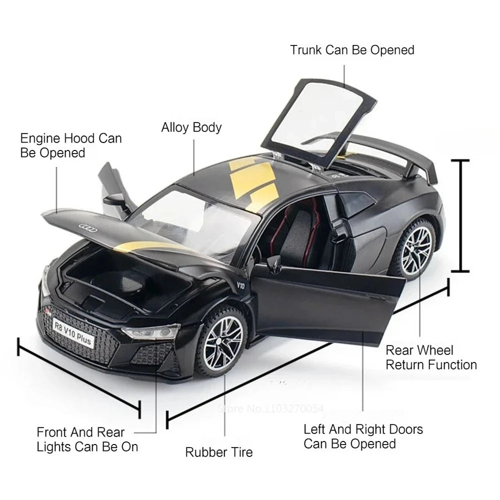 1:32 R8 V10 PLUS E-TRON Car Model Toys Alloy Diecast Vehicles Rubber Tires with Sound Light Pull Back Toy Birthday Gifts for Kid