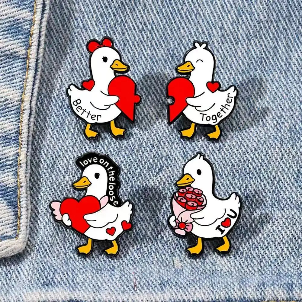 4pcs White Valentine's DayDuck Enamel Pins Cartoon Duck Animal Collection Brooches Lapel Badge Jewelry Gifts For Friends