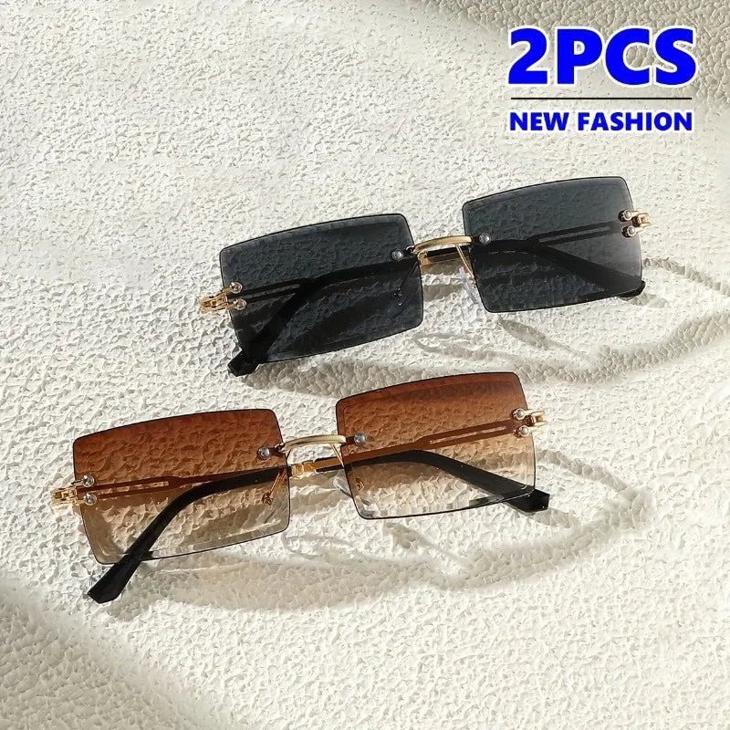 2PCS Square Avant-Garde Stylish Small Frame Sun Glasses Female Gradient Color Frameless Super Cool Net Red Sunglasses
