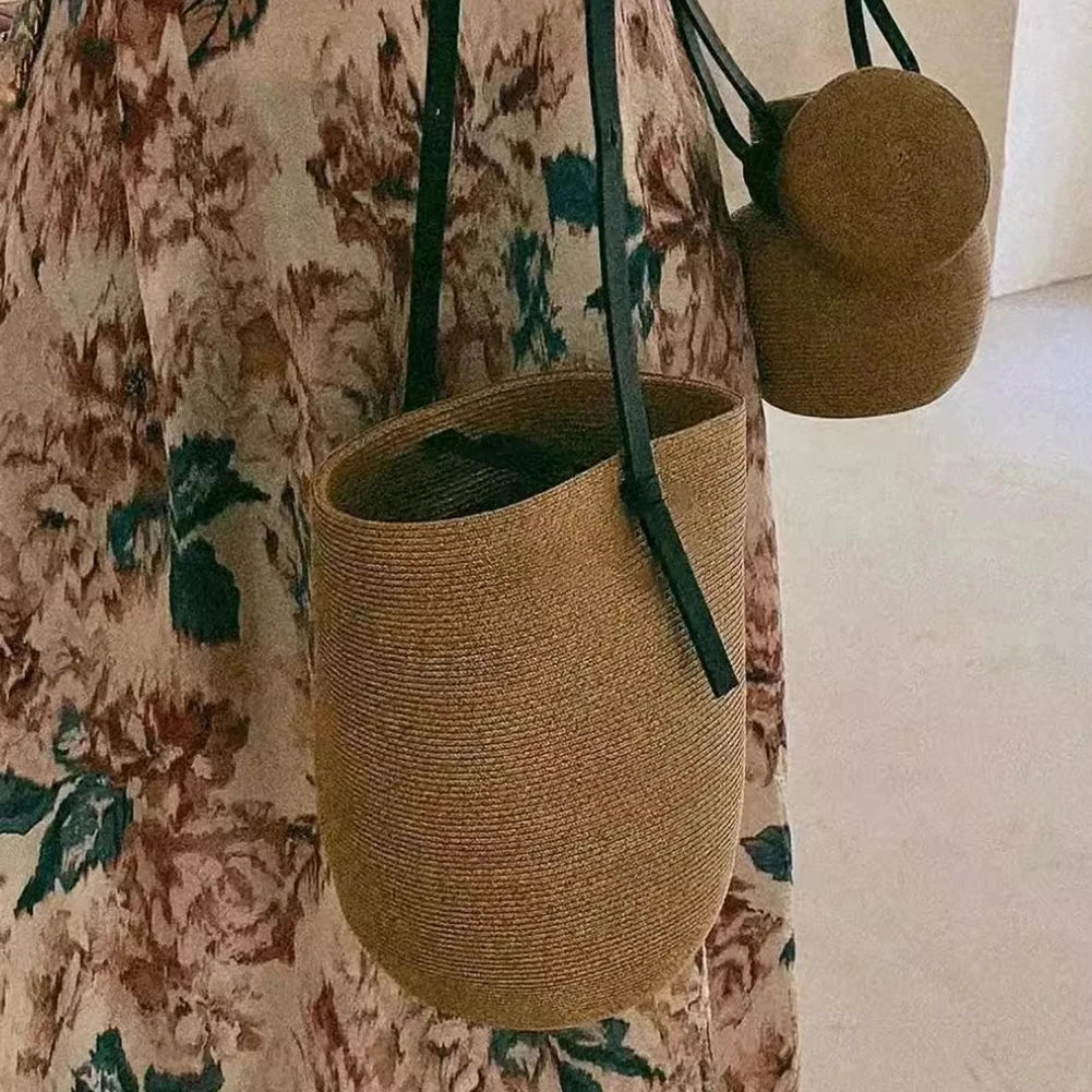 Woven Straw Bag Women with Adjustable Strap Beach Bag Solid Shoulder Handbag