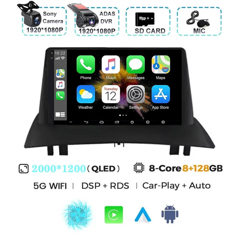For Renault Megane 2 2002-2009 2K QLED Android 15 Android Car Radio Multimedia Video Player GPS Stereo CarPlay 4G Navigationv BT