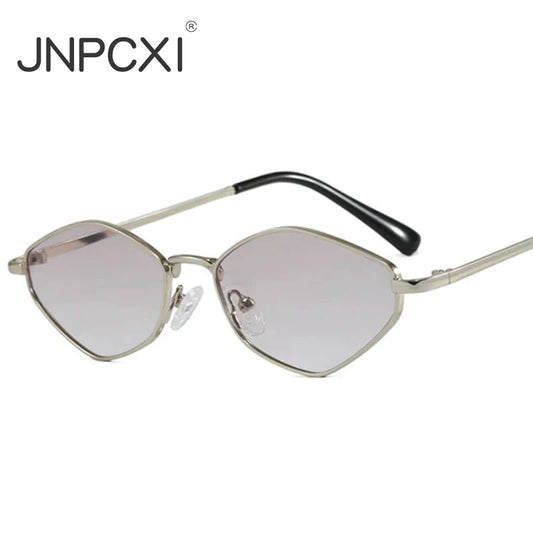 JNPCXI New Retro Metal Small Cat Eye Polygon Women Sunglasses Gradient Silver Shades UV400 Fashion Men Sun Glasses