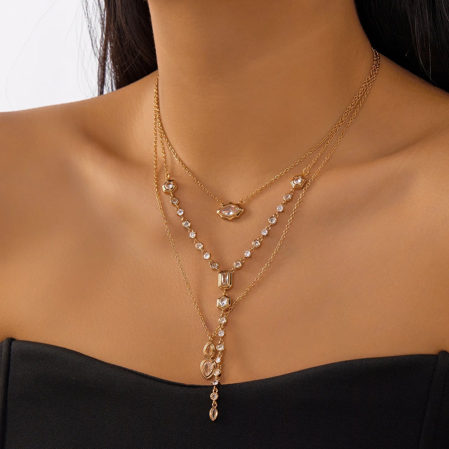 Fashion Crystal Tassel Y-Shaped Pendant Necklace for Women Simple Luxury Inlaid Zircon Clavicle Chain Choker Party Jewelry Gifts