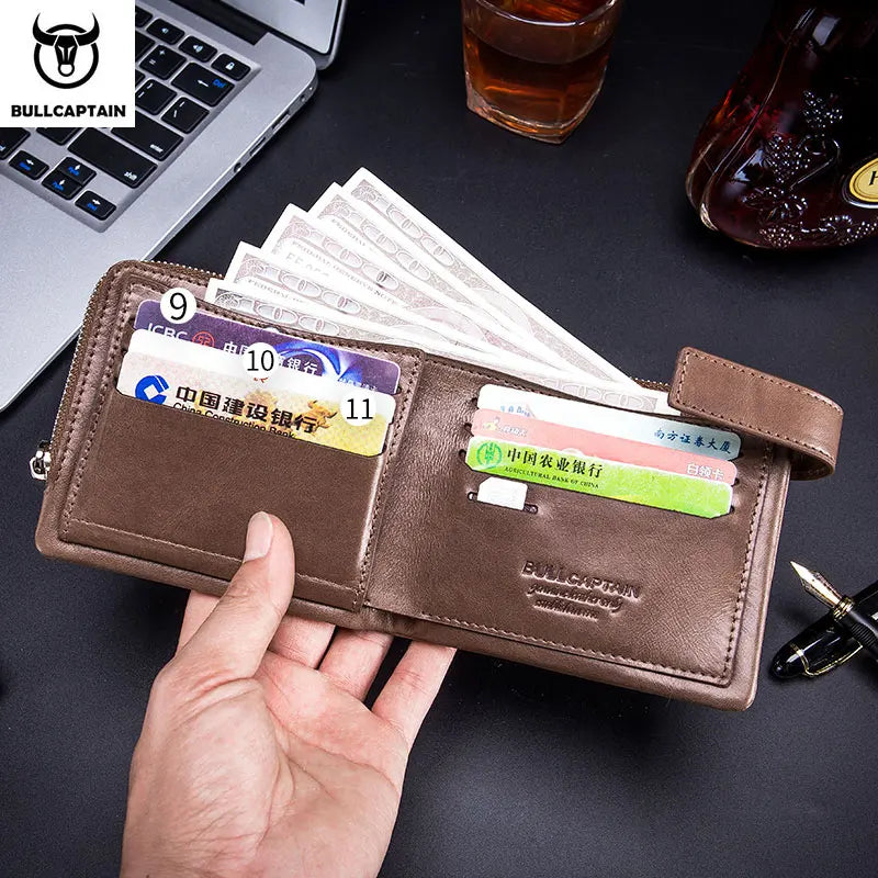 BULLCAPTAIN Leather Compact Men's Wallet Short with RFID Wallet High Quality Business Multifunctional Card Slot Wallet QB059