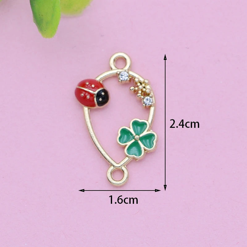 10Pcs Gold Plated Enamel Clover Ladybug Teardrop Charm Connector for Making Bracelet DIY Jewelry Accessories Handmade 24x16mm