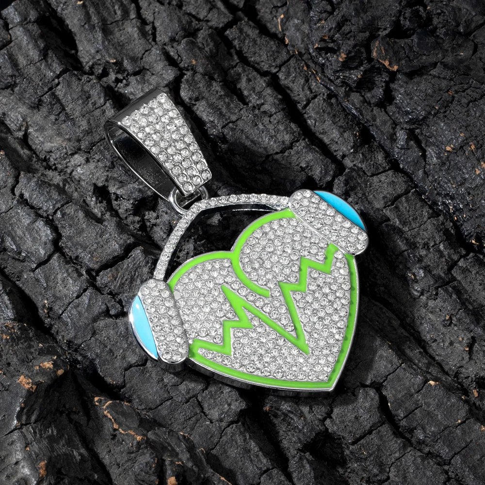 Hip Hop Full Rhinestones Cuban Chain Bling Iced Out Heart with Headphones Pendant Necklaces for Men Rapper Jewelry Drop Shipping