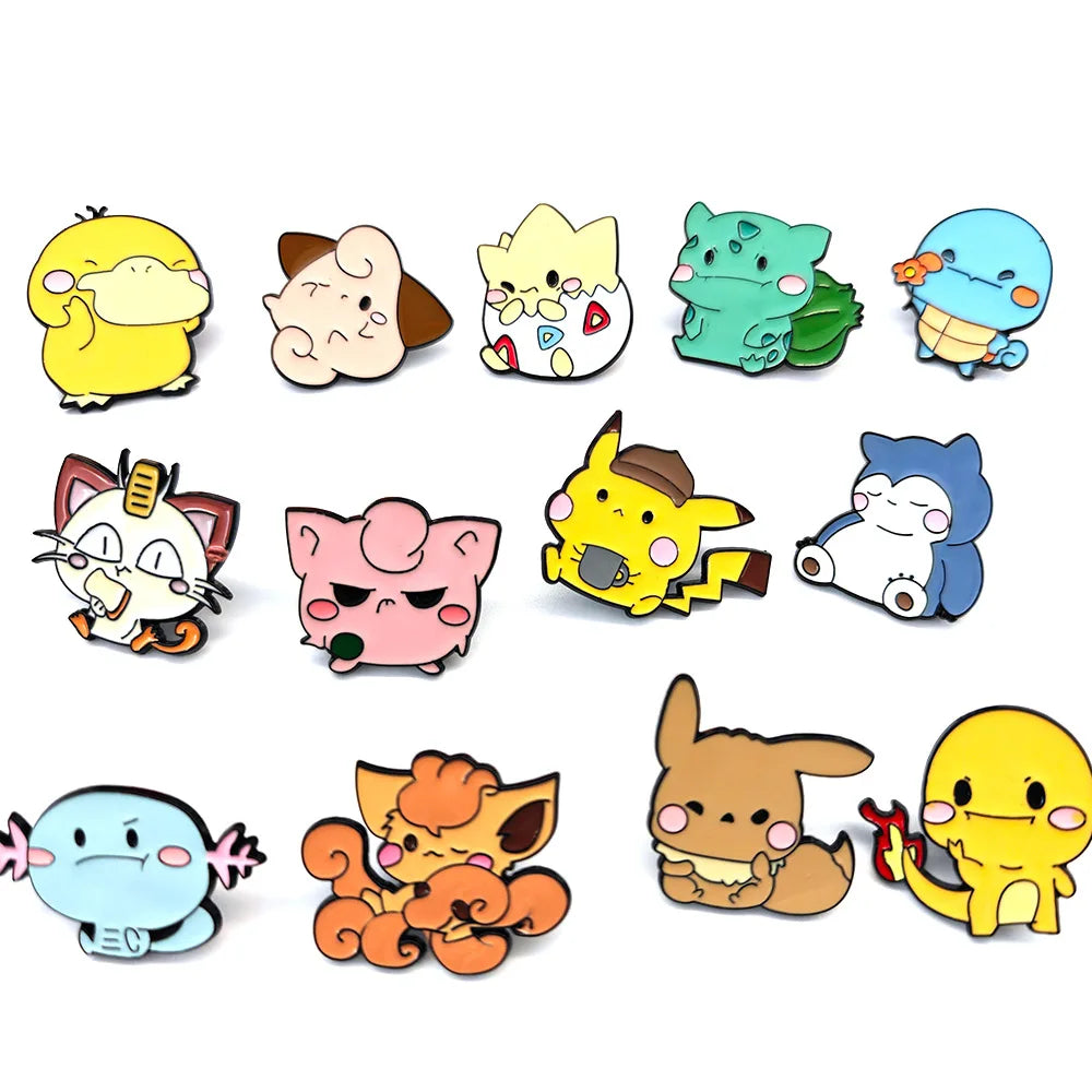 12pcs Anime Pokémon Brooch Set - Charmander Pikachu Eevee Meowth Wooper Vulpix Metal Badges Inspirational Jewelry Pins