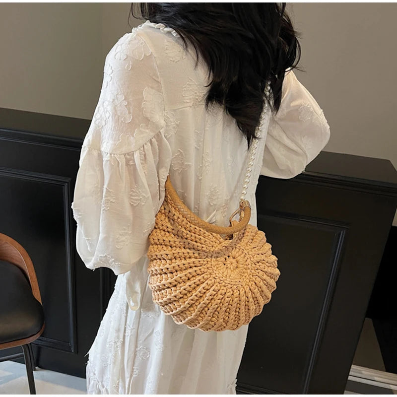 Khaki Conch Shell Knit Crossbody Shoulder Bag Pearl Chain Woven Women Sling Bag