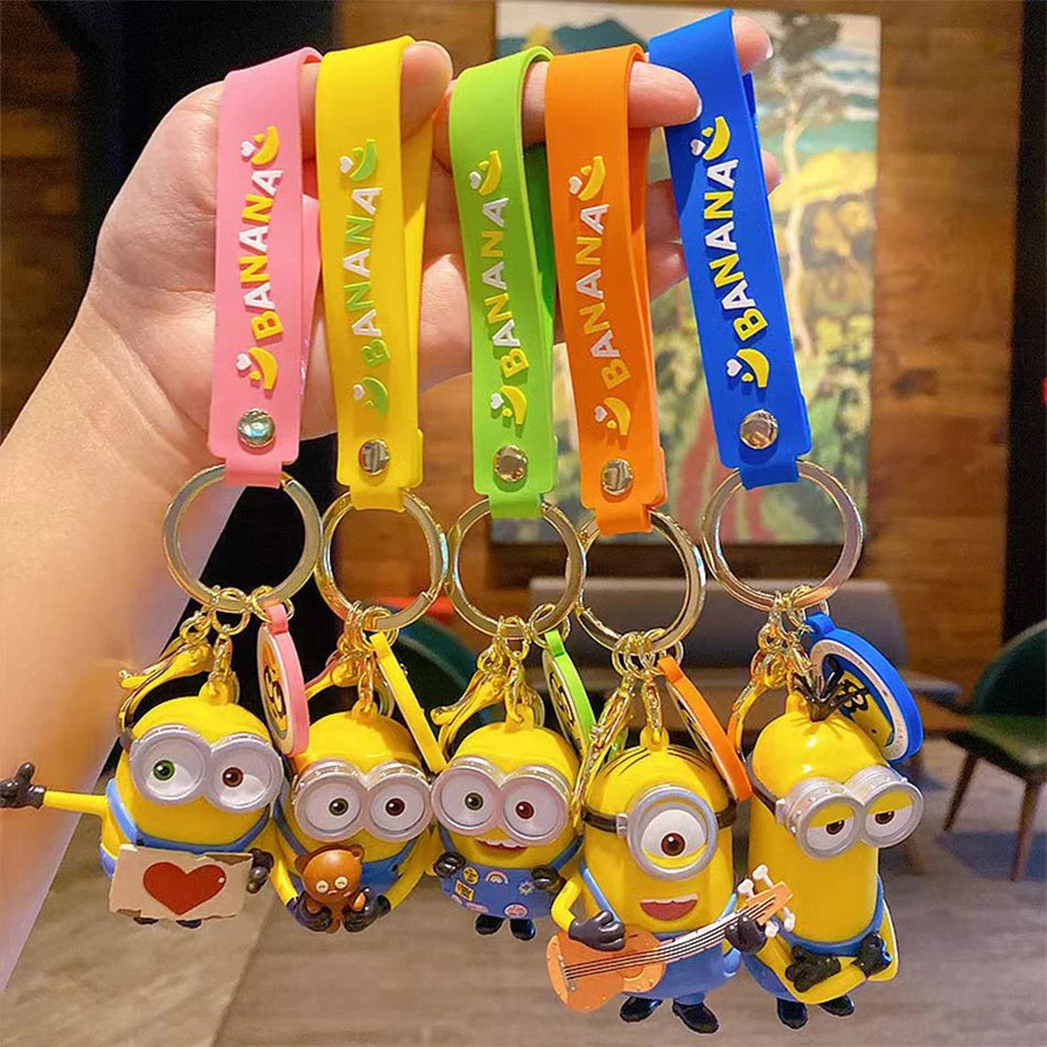 Kawai Minions Keychain Cartoon Toys Model Silicone Pendant Keyring Cosplay Hold