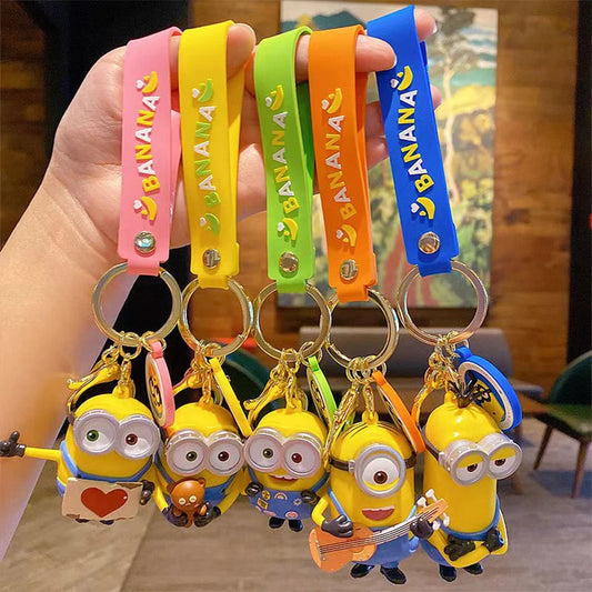 Kawai Minions Keychain Cartoon Toys Model Silicone Pendant Keyring Cosplay Hold
