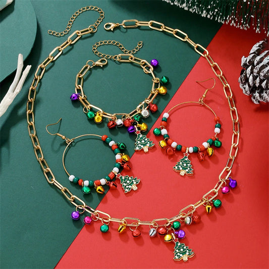 Fashion Christmas Tree Colorful Bells Pendant Necklace Bracelet Earrings for Women Festival Party Jewelry Set New Year Gift
