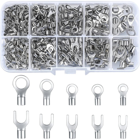 200/320Pcs 10 in 1 Terminals Non-Insulated Ring Fork U-Type Brass Terminals Assortment Kit Cable Wire Connector Crimp Spade