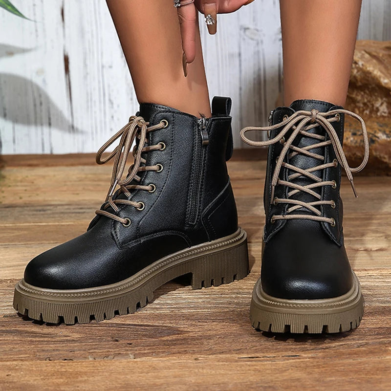 2025 Lace Up Platform Ankle Boots for Women Autumn Winter Warm Plush Short Booties Mujer Plus Size Thick Sole Motorcycle Boots