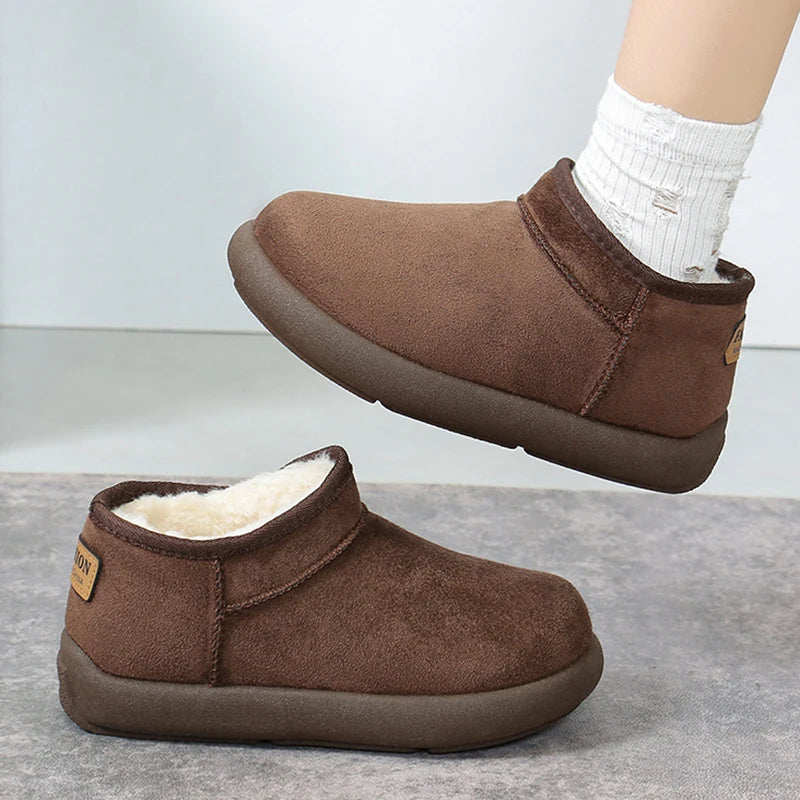 Thick Bottom Faux Suede Snow Boots Women 2025 Slip On Warm Short Plush Ankle Boots Woman Anti Slip Winter Cotton Padded Shoes