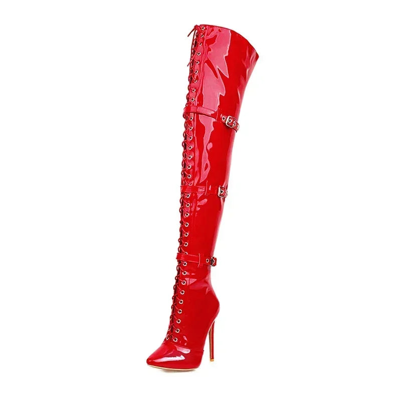 Sexy Red Thin High Heels Over The Knee Boots Women Cross Tied Pointed Toe Thigh High Boots Woman Patent Leather Long Botas 33-46