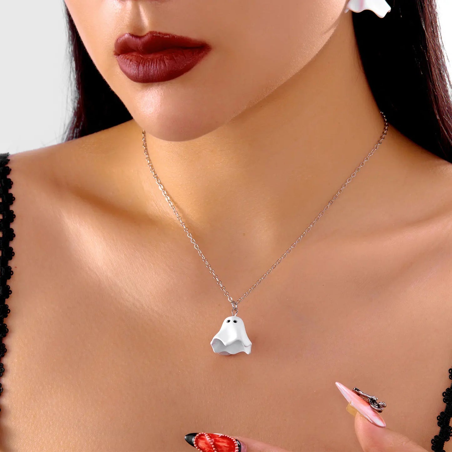 Cartoon Halloween Ghost Pendant Necklace Earrings for Women Funny Monster Cute Ghost Cosplay Party Accessories Punk Jewelry Sets