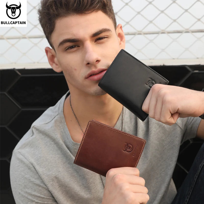 Bullcaptain Large Capacity Leather Bi-Fold Wallet Men's Gift Wallet's Compact Mini Credit Card Holder RFID Wallet Man