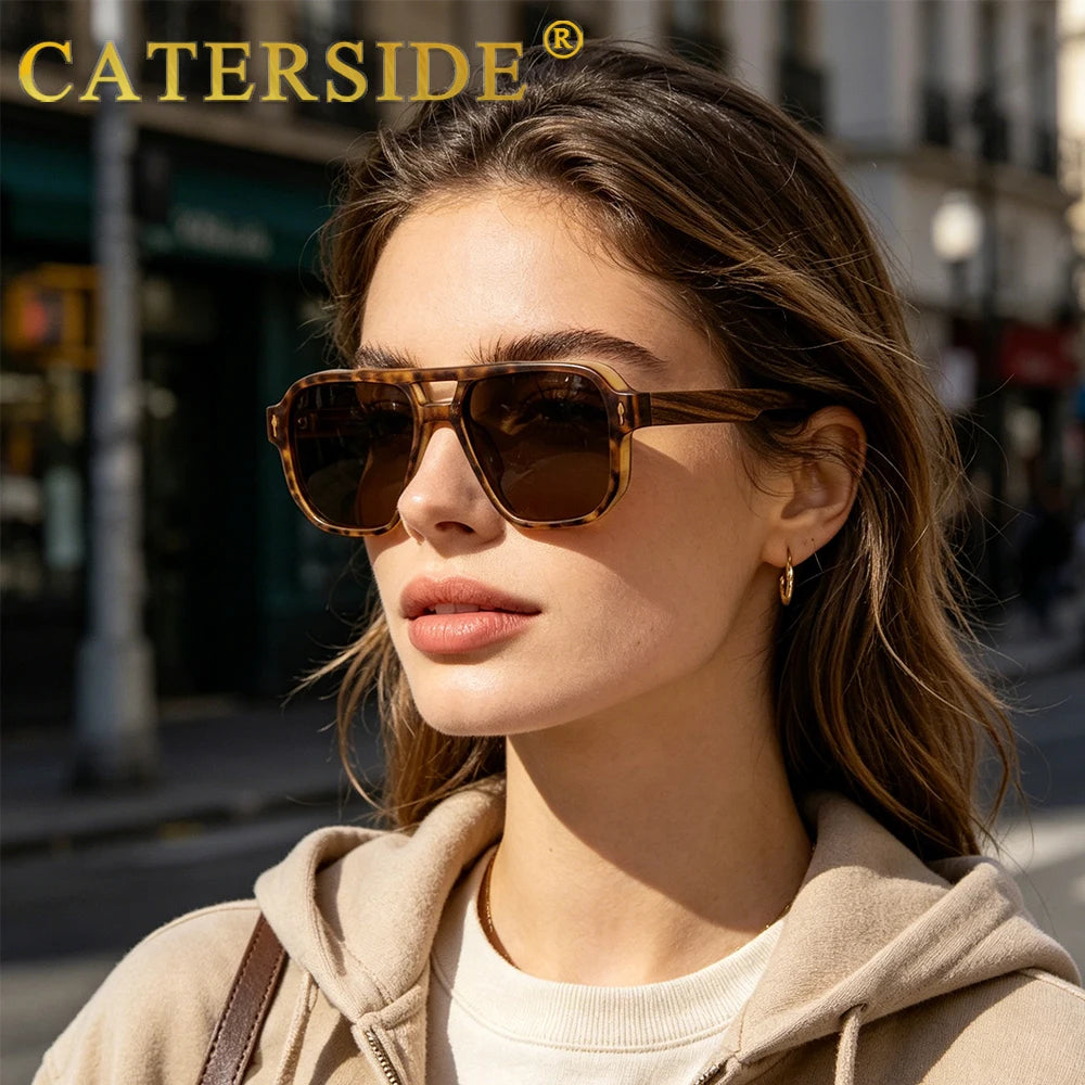 CATERSIDE Men's Polarized Pilot Sunglasses UV400 Premium Tr Frame & Wood Temple Retro Square Sun Glasses for Driving Fishing