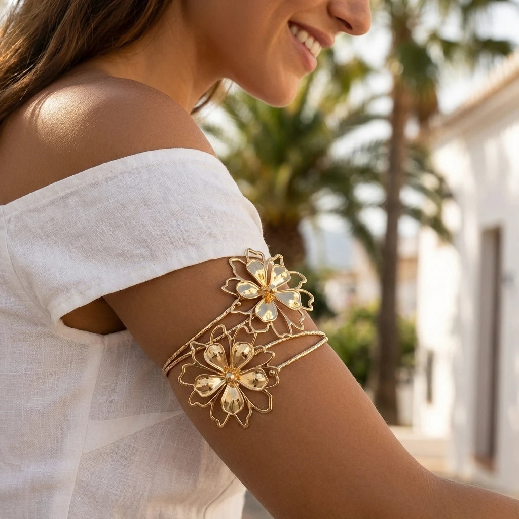 Irregular Hollow Flower Arm Cuff Bracelet Vintage Pattern Upper Arm Band Bangle Summer Beach Women Jewelry Accessories