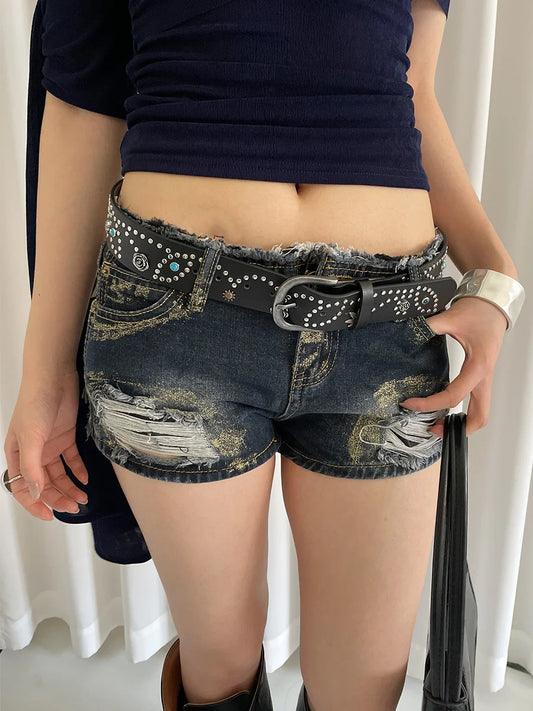 Flower Rivet Rhinestone Belt With A Broken Feeling Zinc Alloy Button Decoration Wide Version Of The Belt Jeans Waist Belt
