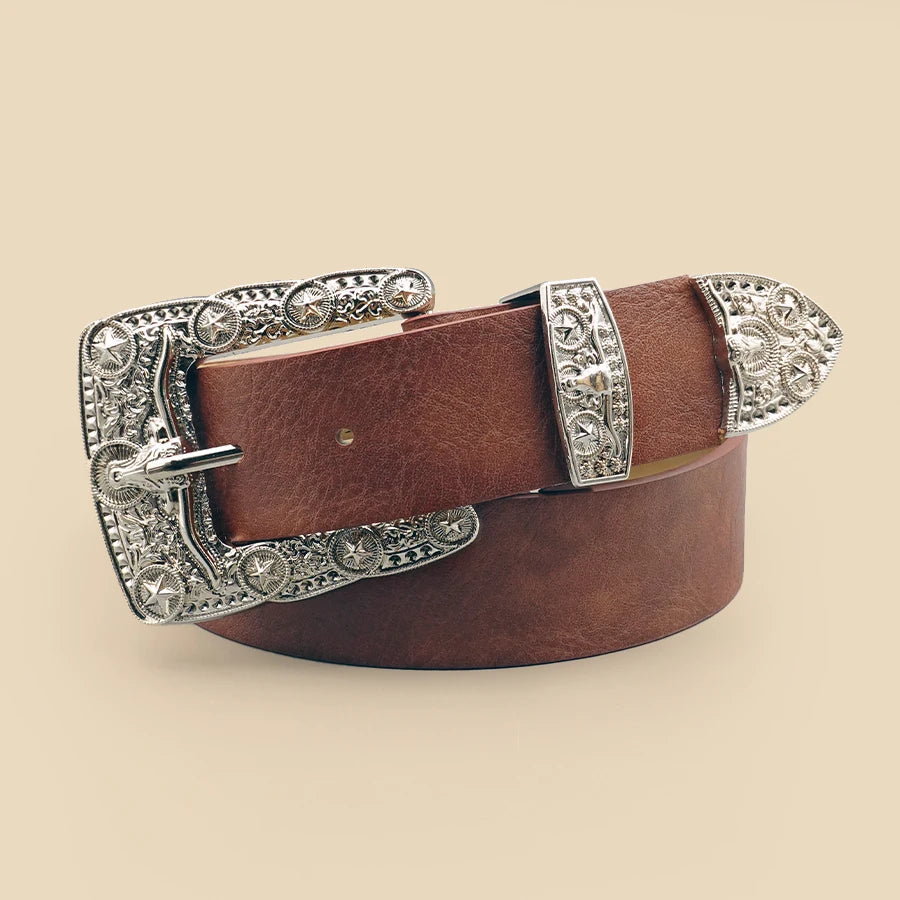 Western Cowboy Street Style Belt - Silver Bullhead Carved Buckle Design for Daily Commute, Office & Casual Wear