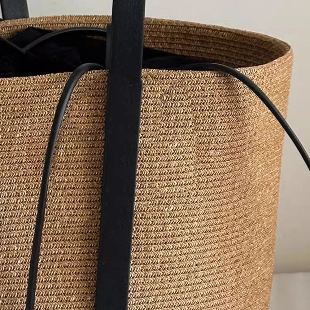 Woven Straw Bag Women with Adjustable Strap Beach Bag Solid Shoulder Handbag