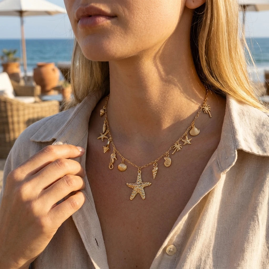 Resort Style Starfish Shell Seahorse Conch Multi Pendant Necklace for Women Beach Boho Ocean Layered Dainty Chain Jewelry Gift